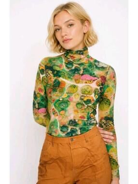 The KIT Retro Turtleneck XS Green Aspergillus Top Stretch Blouse #CC